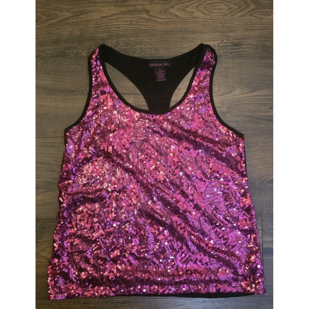 Material Girl L Black Hot Pink‎ Sequin Tank Top Y2K Party Club Stretch Spandex